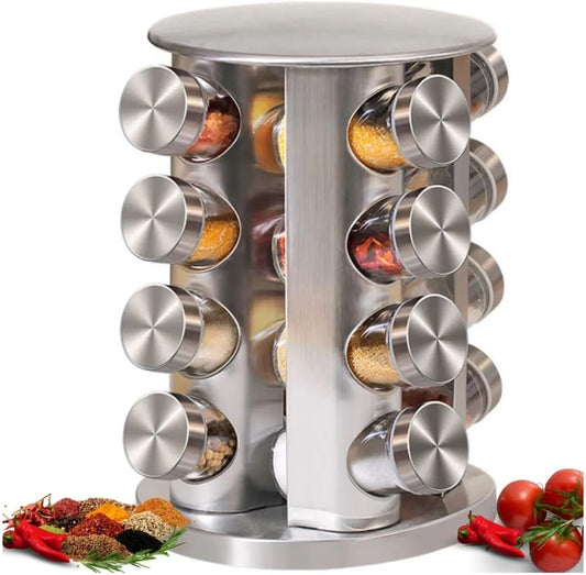 Stainless Steel and Glass Rotating Spice Rack for Kitchen, 16 Pieces