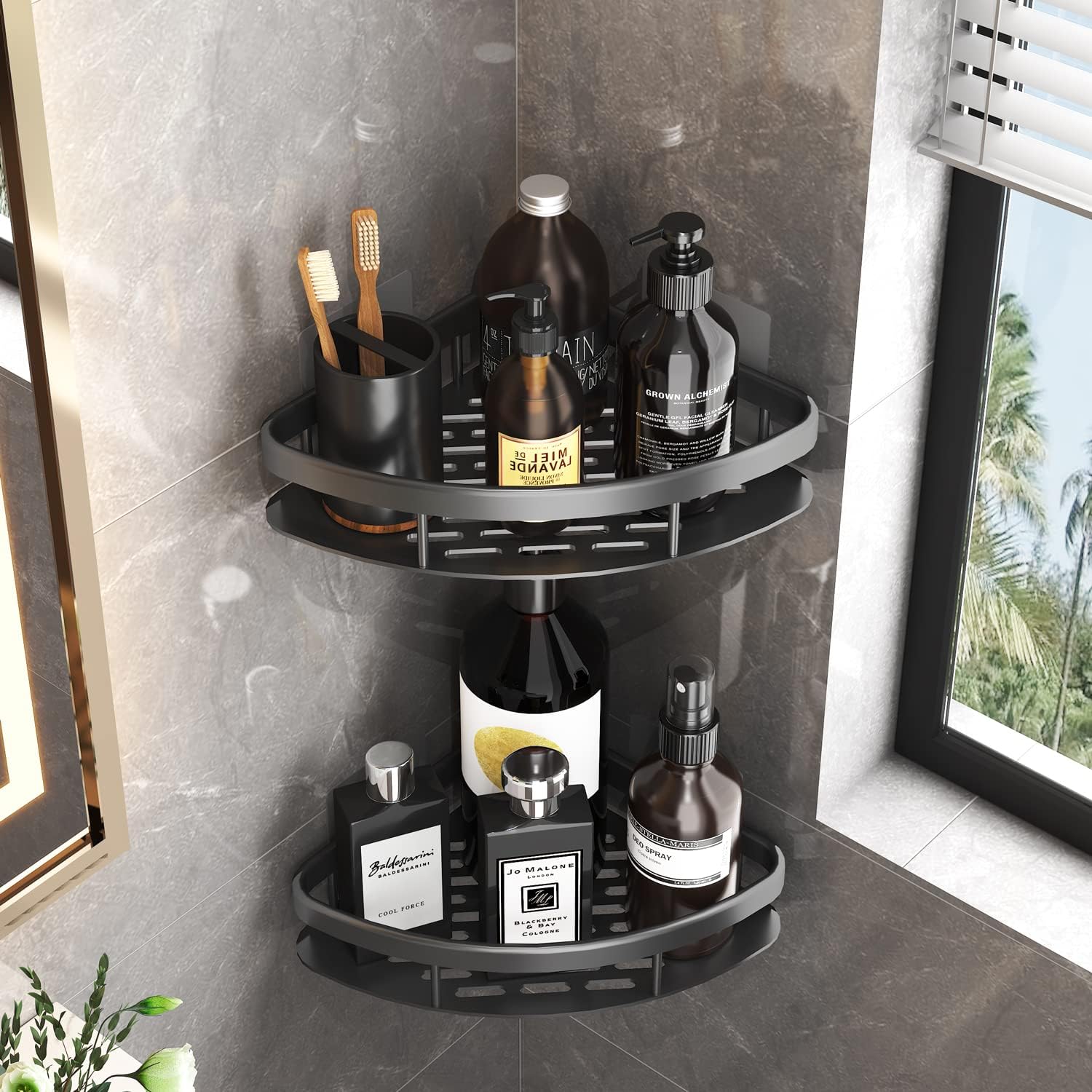 Set of 2 Corner Bathroom Shelves with Shampoo Holder